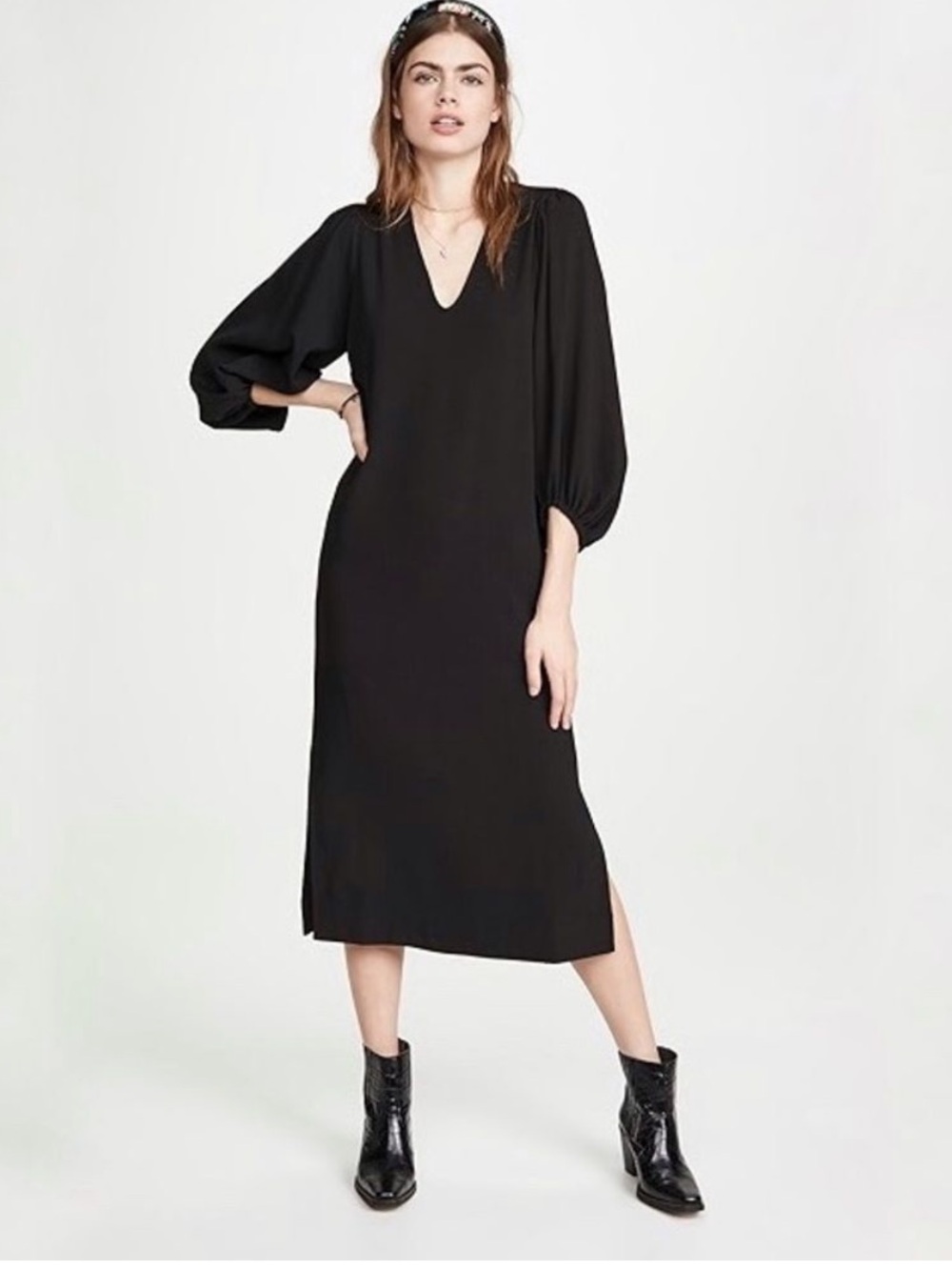 NWT Ganni Heavy Crepe Ballon Sleeve Dress in Black Size 42 US 10